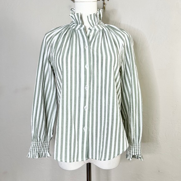 Veronica Beard Tops - Veronica Beard Calisto Striped Ruffle Neck Button Up Shirt Seersucker 0 = XS NEW